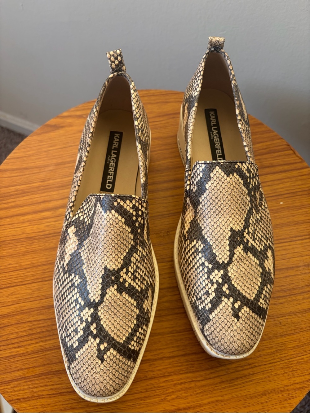 Karl Lagerfeld Beige and Black Snake-Print Slip-On Flats